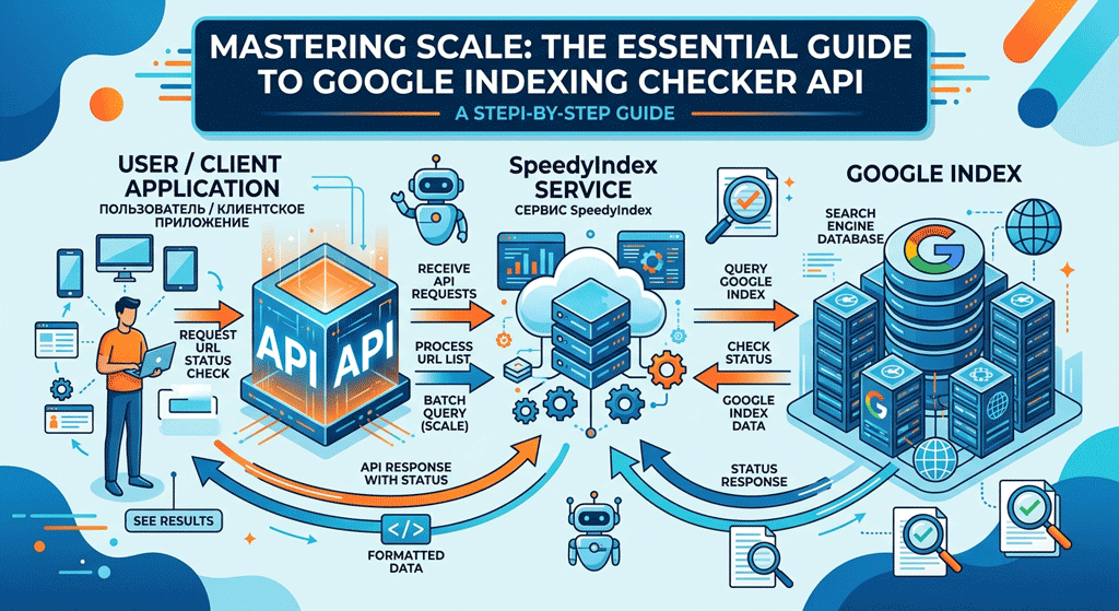Infographic showing the workflow of Google Indexing Checker API: from user application through SpeedyIndex service to Google Index database